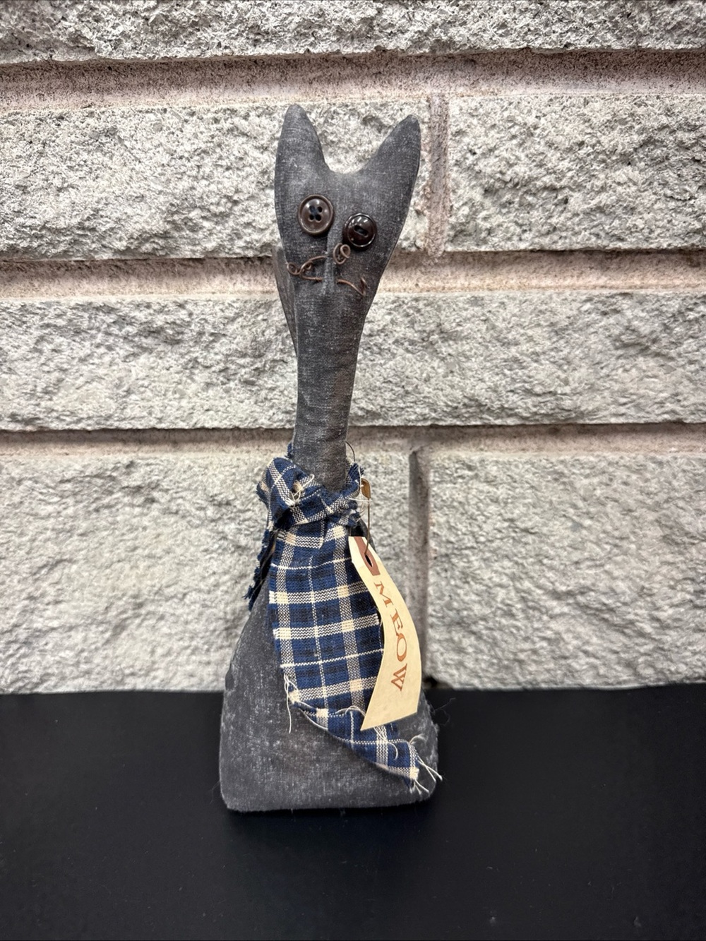 Primitive Folk Art Black Cat “MEOW” Button Eyes Plaid Scarf Country Decor